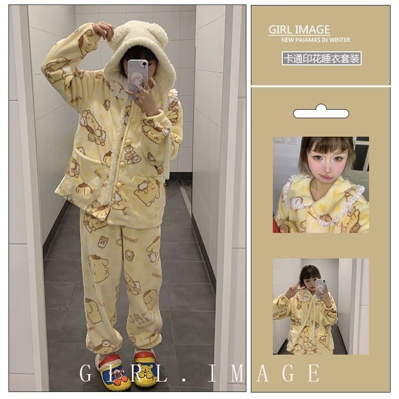 冬季加絨睡衣女三麗鷗布丁狗加厚蕾絲花邊學生宿舍保暖居家服套裝