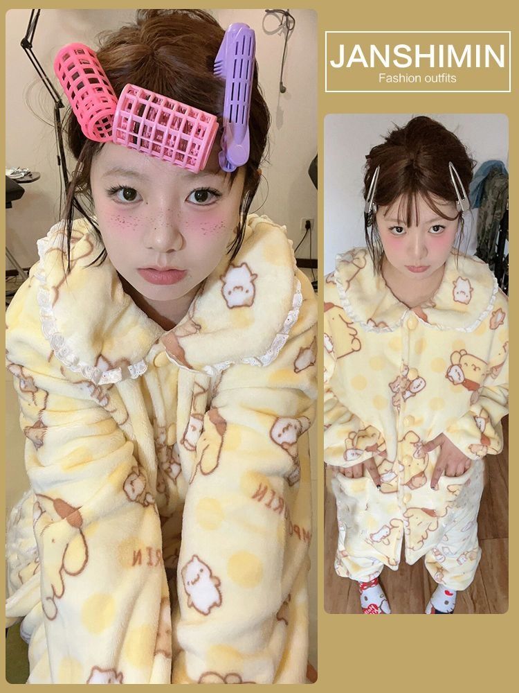少女可愛卡通印花珊瑚絨睡衣女加絨加厚冬款新款毛絨保暖居家套裝
