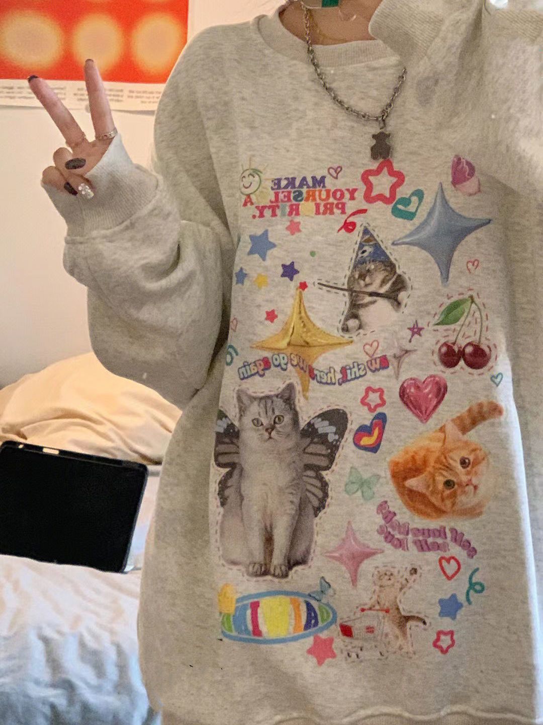 卡通印花可愛貓咪寬鬆衛衣女純棉圓領復古美式加絨上衣外套秋冬潮