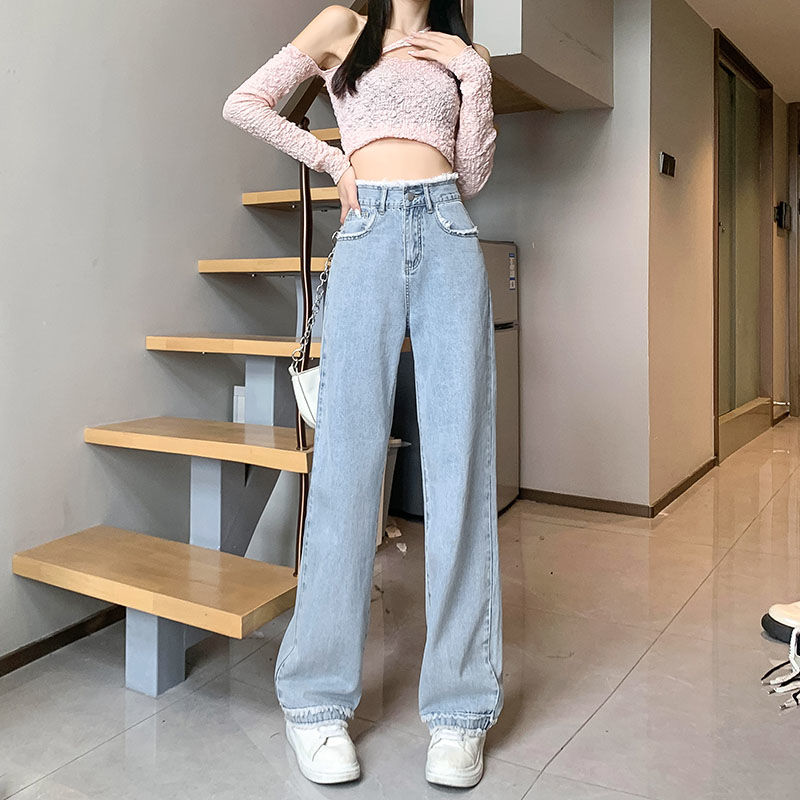 淺藍復古毛邊高腰復古直筒牛仔褲女秋大碼寬鬆顯瘦窄版拖地褲ins