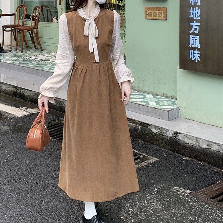 超火大碼秋季新款法式長袖連衣裙收腰顯瘦拼接設計感中長裙女裝裙