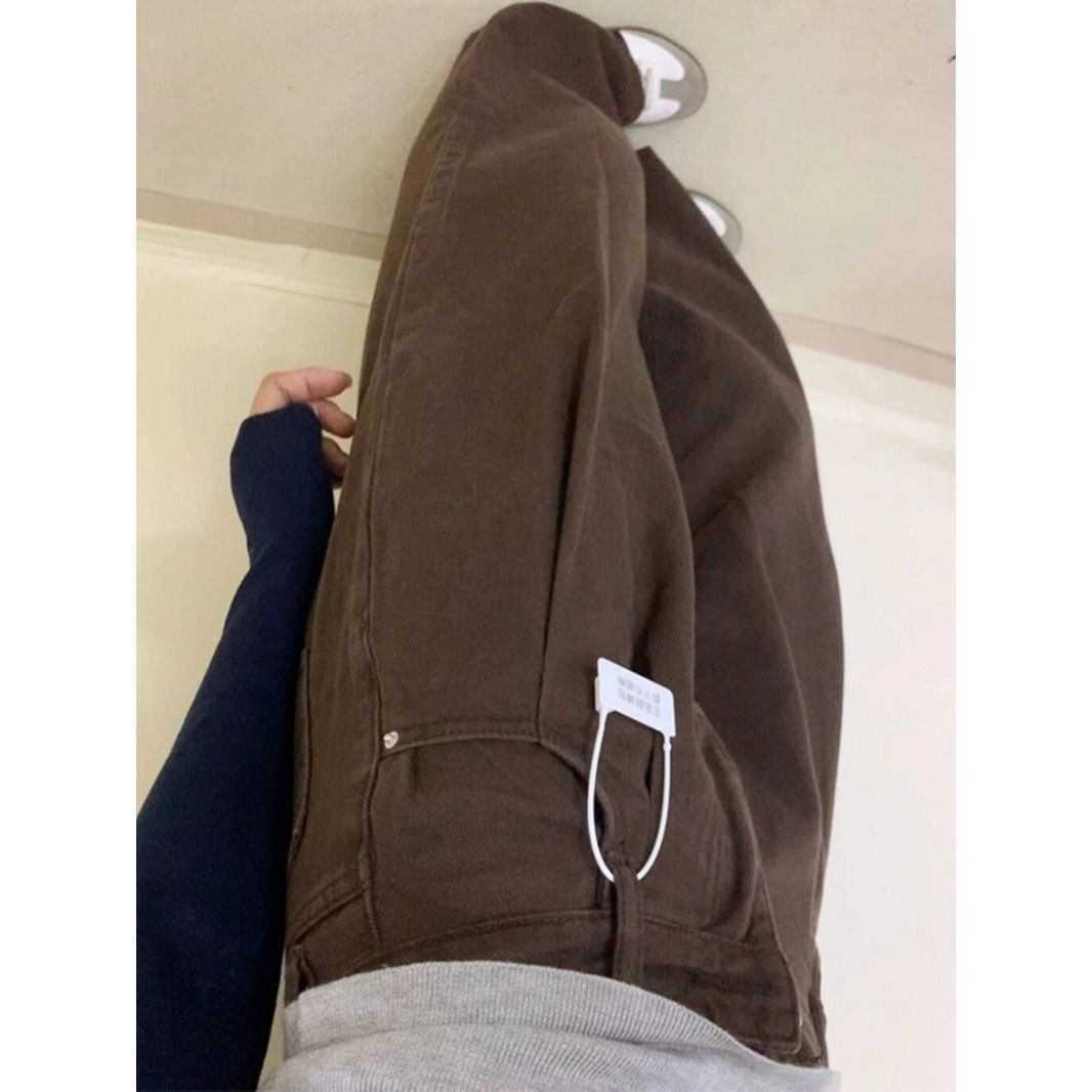 美式復古咖色直筒寬鬆闊腿牛仔褲女高腰顯瘦高個子加長垂感拖地褲