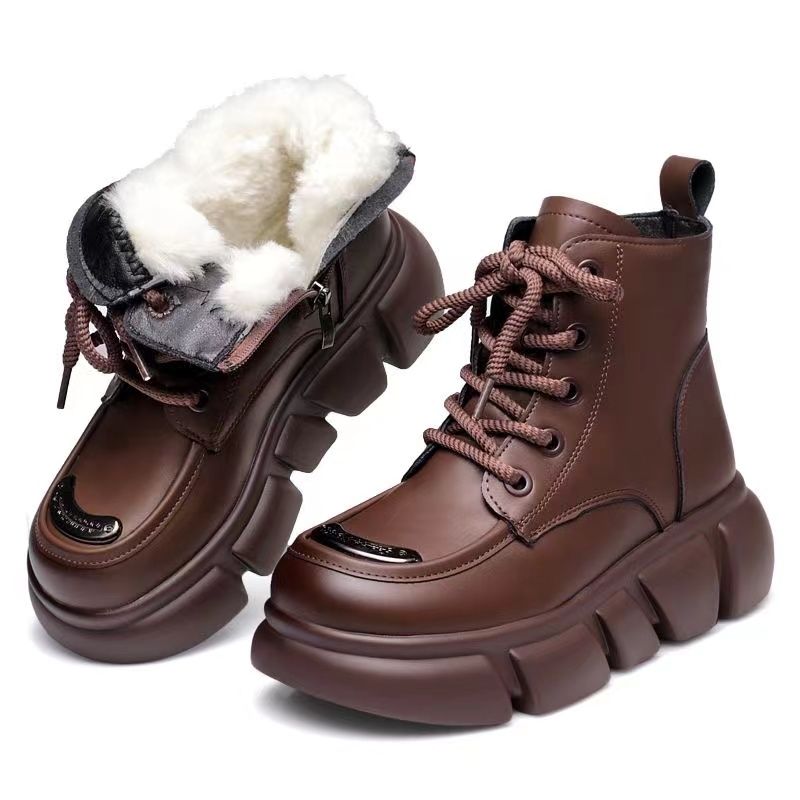 真皮羊毛雪地靴皮毛一體短靴馬丁靴女冬季加絨超厚棉靴厚底大棉鞋