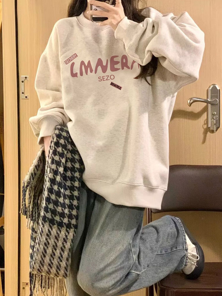 100%純棉oversize灰色秋冬加絨法式慵懶風衛衣女薄款打底百搭上衣