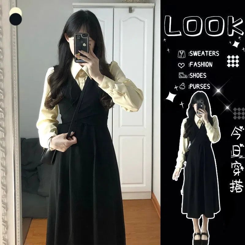 甜美溫柔系穿搭女小眾設計感韓版polo領襯衫收腰顯瘦背帶裙早秋
