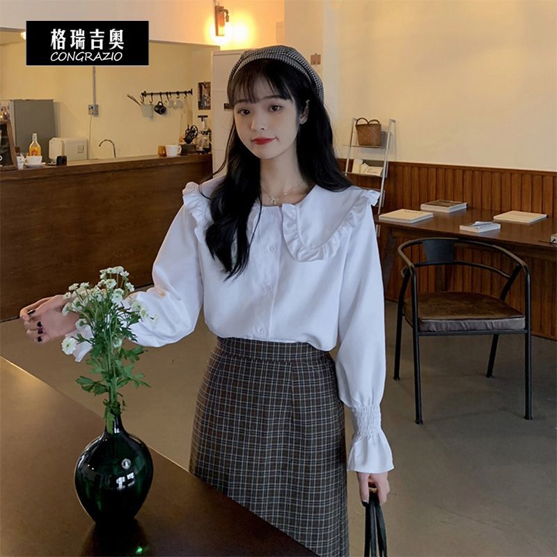 CONGRAZIO/格瑞吉奧韓系甜美學院風娃娃領襯衫長袖內搭白色上衣女