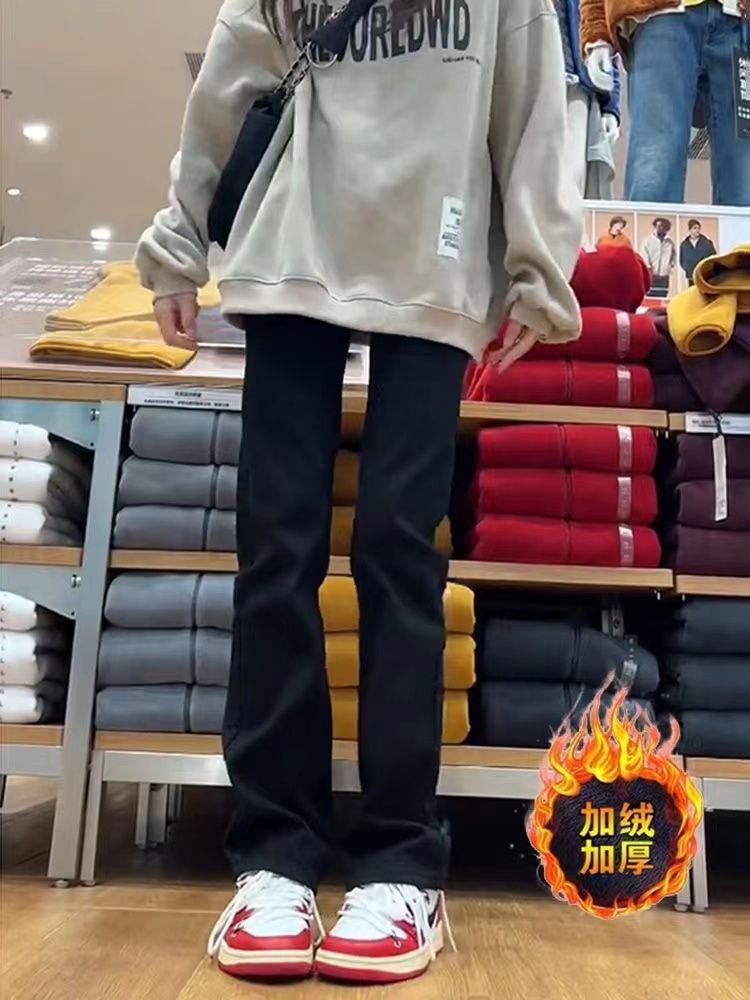 黑色加絨窄版直筒牛仔褲女冬季高腰修身彈力闊腿顯瘦煙管褲ins潮