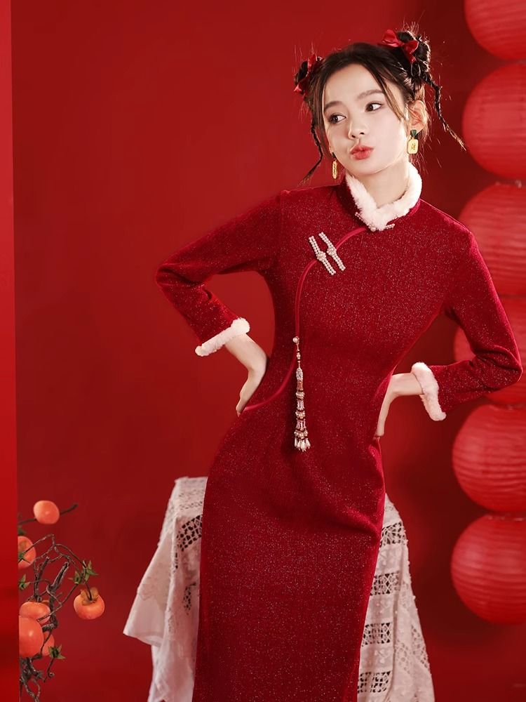 紅色旗袍女冬季加絨敬酒服新娘2023新款長袖訂婚禮服連衣裙拜年服