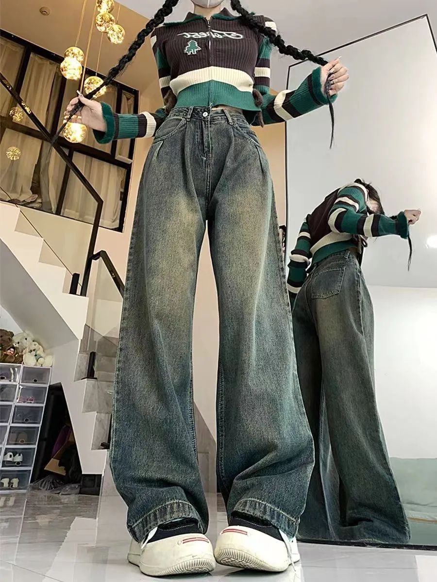 水泥灰直筒牛仔褲女秋冬季高腰復古寬鬆褶皺垂感做舊闊腿拖地褲潮