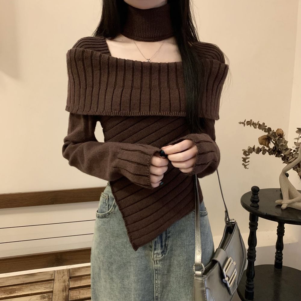慵懶一字肩針織衫毛衣女秋冬季新款設計感不規則修身內搭打底上衣