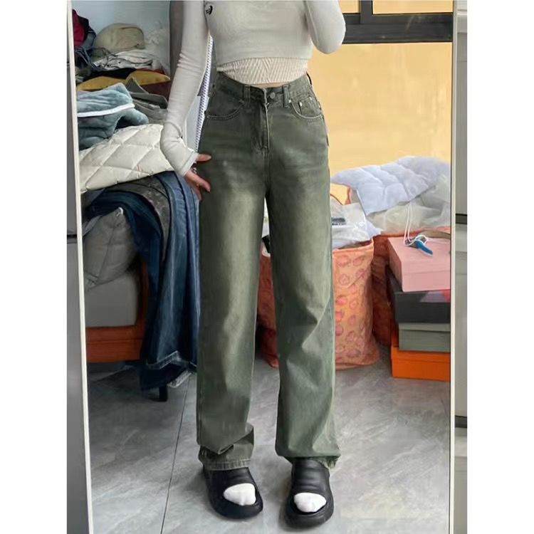 美拉德復古漸變綠水洗牛仔褲女秋冬新款高腰顯瘦直筒寬鬆闊腿褲子