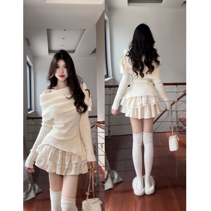 套裝女2023秋冬新款辣妹一字肩蝴蝶結毛衣針織上衣高腰蛋糕半身裙
