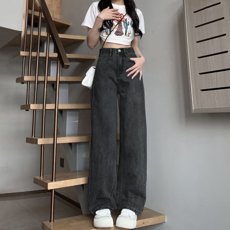 高腰時尚百搭闊腿牛仔褲女薄款顯瘦2023新款寬鬆直筒褲設計感潮流