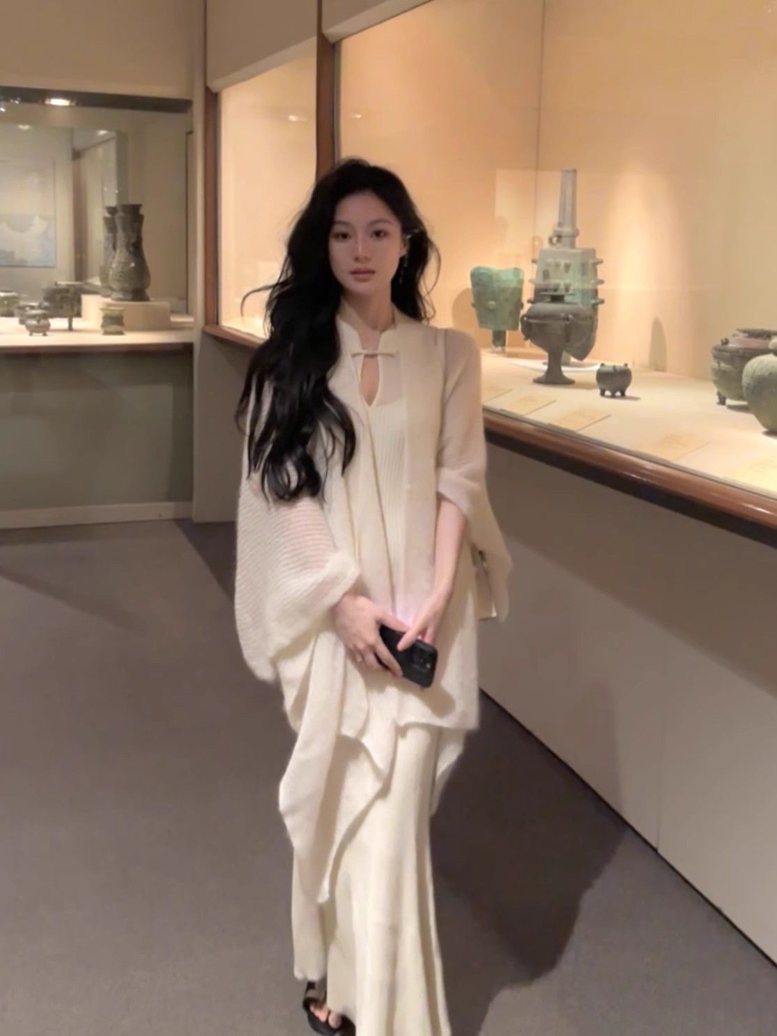 【留洋白月光】慵懶風披肩開衫女秋設計感魚尾旗袍針織連衣裙