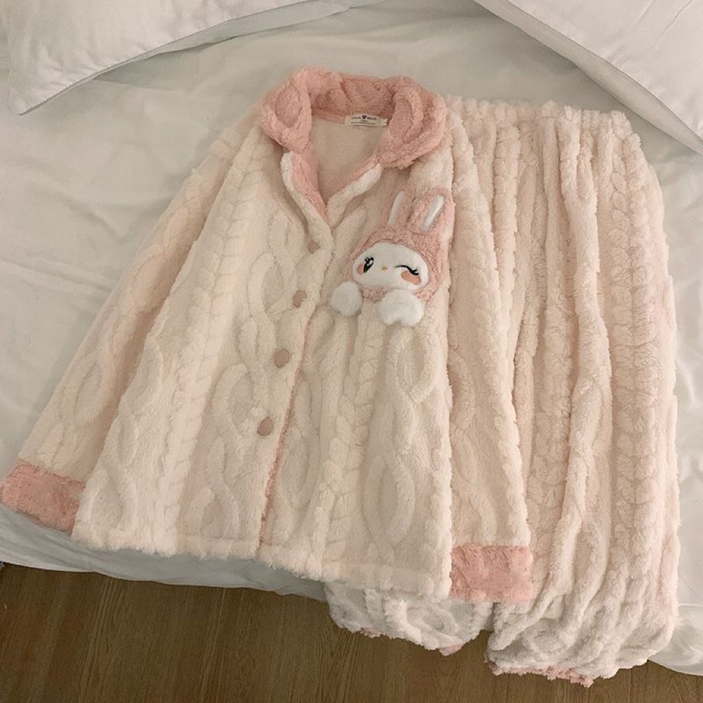 新款可愛睡衣女秋冬季珊瑚絨網紅ins風法蘭絨可外穿家居服套裝