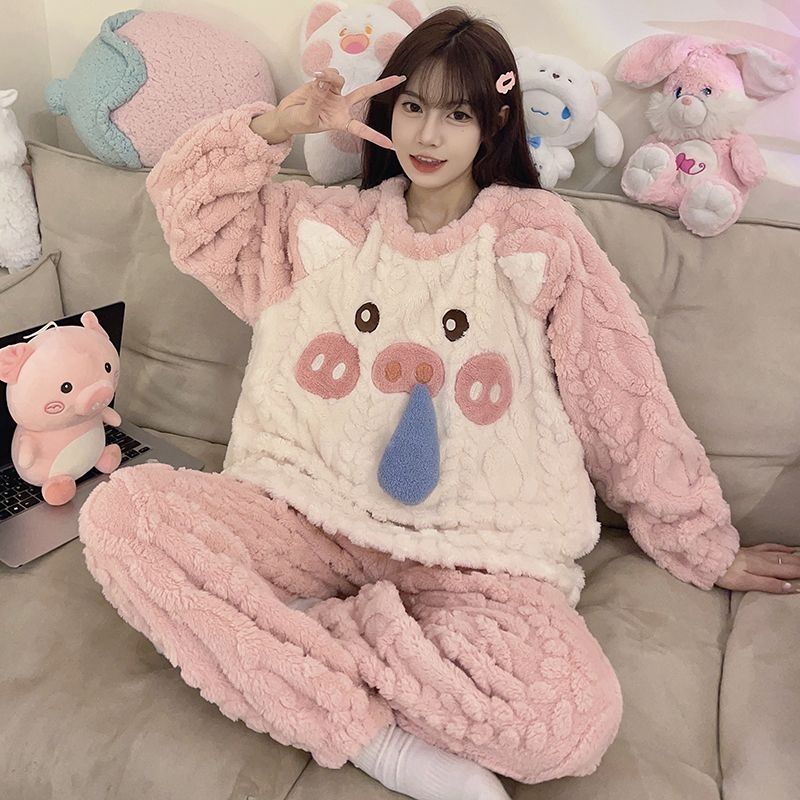 2023年新款卡通可愛秋冬季珊瑚絨睡衣女加絨加厚法蘭絨家居服套裝