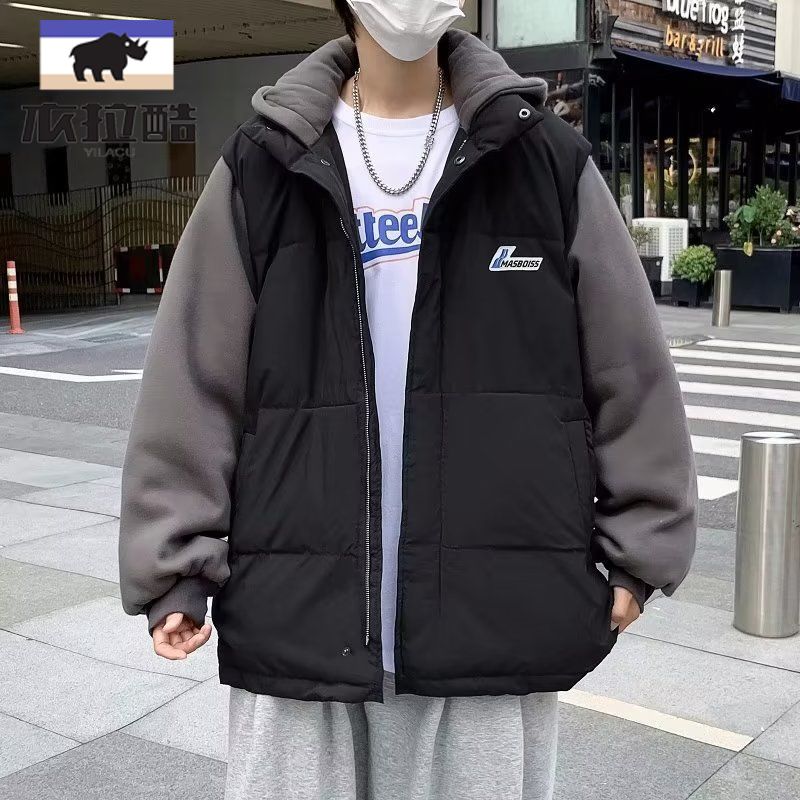 學生男女原宿風ins潮帥氣拼接假兩件連帽外套冬天加厚加絨棉襖子