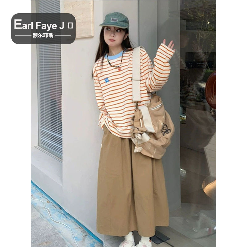 潮牌純欲圓領條紋長袖T恤女款內搭修身2023春秋季打底衫上衣ins潮