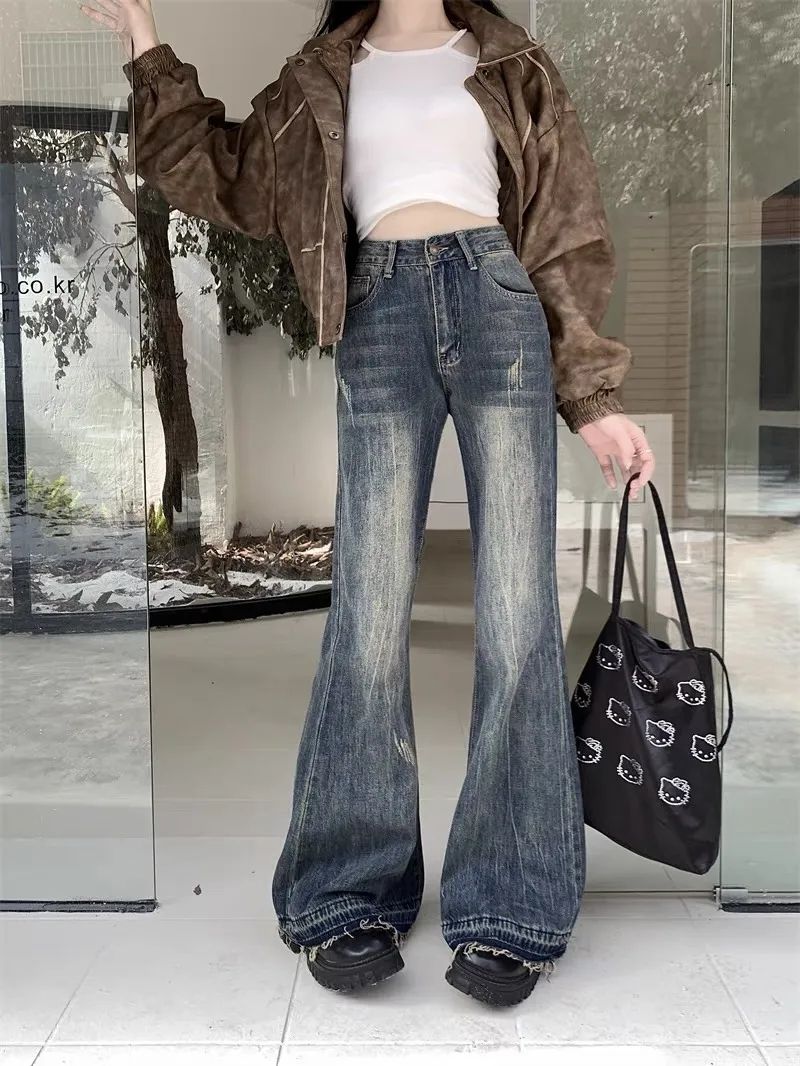 美式復古微喇叭牛仔褲女秋冬做舊設計感壓褶小眾顯瘦拖地馬蹄褲子