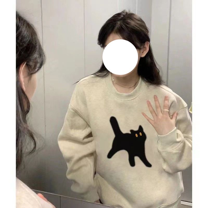2023秋冬新款衛衣女圓領小貓寬鬆校園風美式小眾加絨加厚ins潮