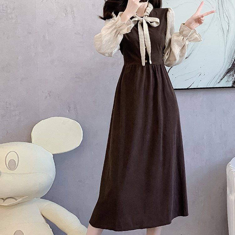 大碼秋冬法式復古假兩件拼接系帶蝴蝶結裙子收腰顯瘦燈芯絨連衣裙