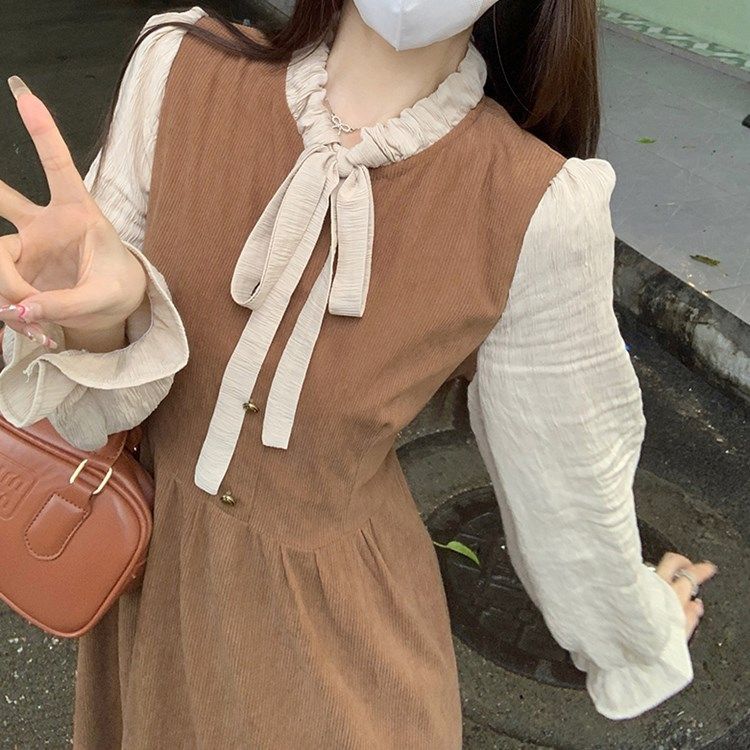 星期衣大碼秋冬法式復古假兩件拼接系帶連衣裙收腰顯瘦燈芯絨長裙