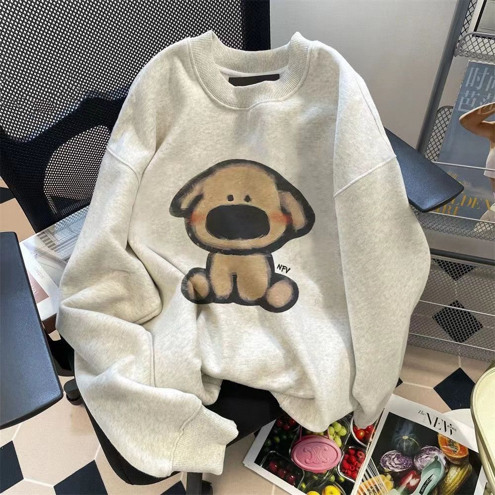 純棉秋冬新款正肩圓領衛衣女款秋冬季加絨寬鬆百搭加厚卡通上衣潮