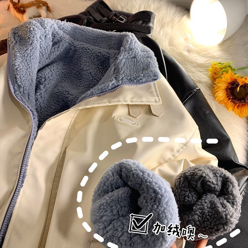 pu皮棉服男冬季加絨加厚羊羔毛外套潮牌ins設計感小眾兩面穿棉衣