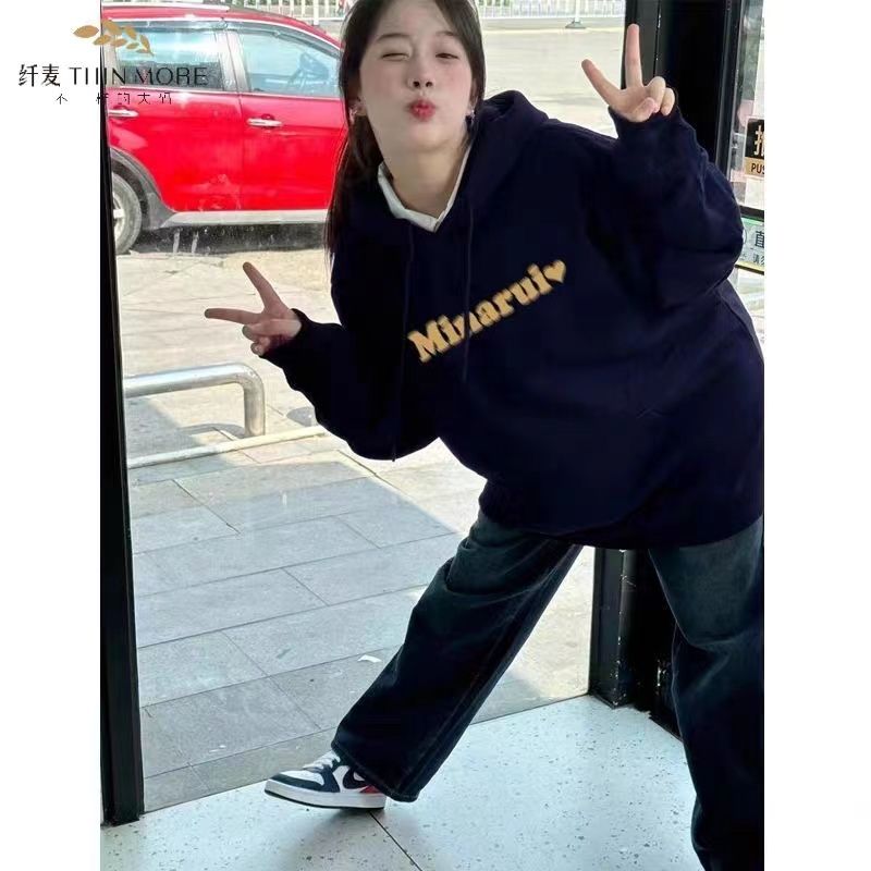 美式字母印花情侶衛衣女春秋冬季國潮復古百搭oversize加絨外套女
