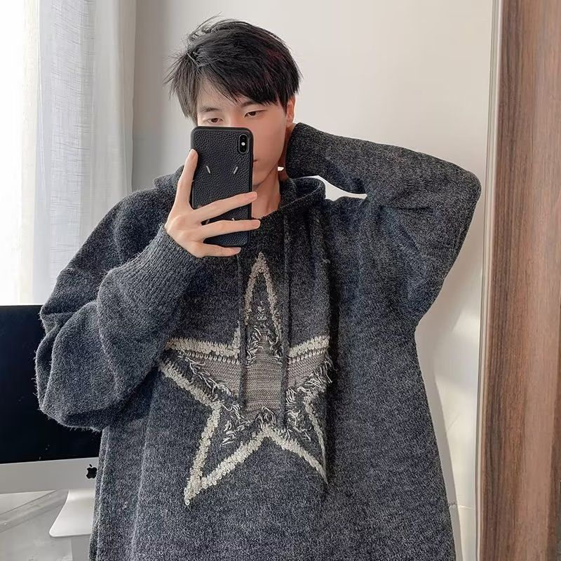星星墨綠色毛衣衛衣男連帽慵懶風oversize美式復古針織衫重磅外套