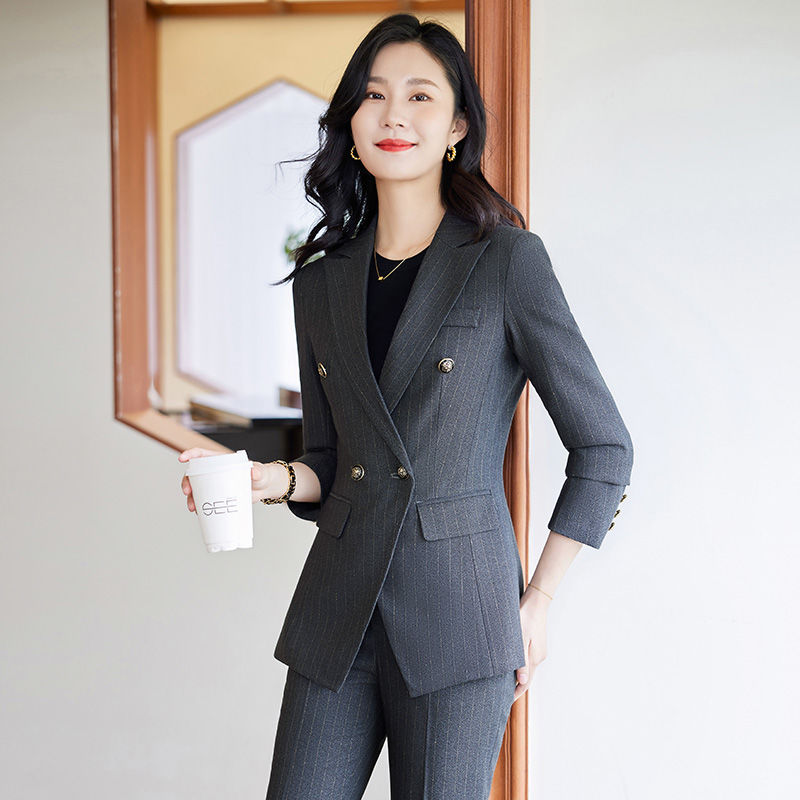 條紋職業西裝套裝女秋冬新款商務銀行上班通勤幹練正裝西服兩件套