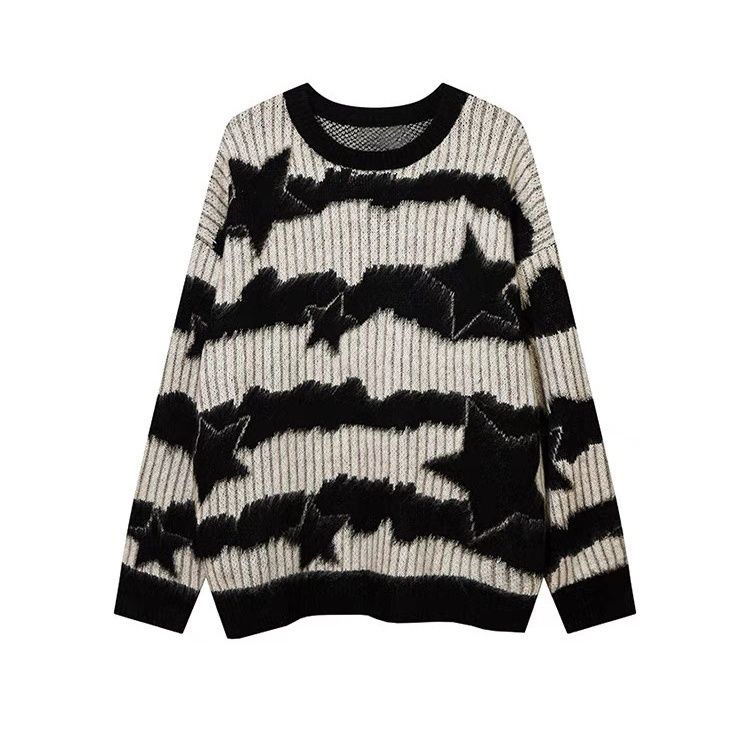 American High Street Contrast Color Striped Sweater Women's  Autumn and Winter New Loose Star Lazy Style Sweater Top