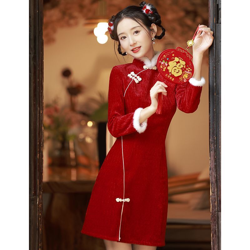 紅色旗袍2023年新款改良冬季加厚新年小個子拜年服女過年喜慶女裝