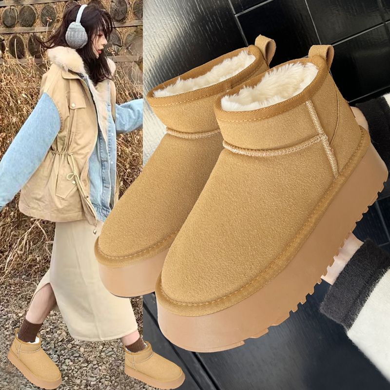 厚底雪地靴女皮毛一體2023冬季新款周冬雨同款加厚保暖麵包棉鞋子