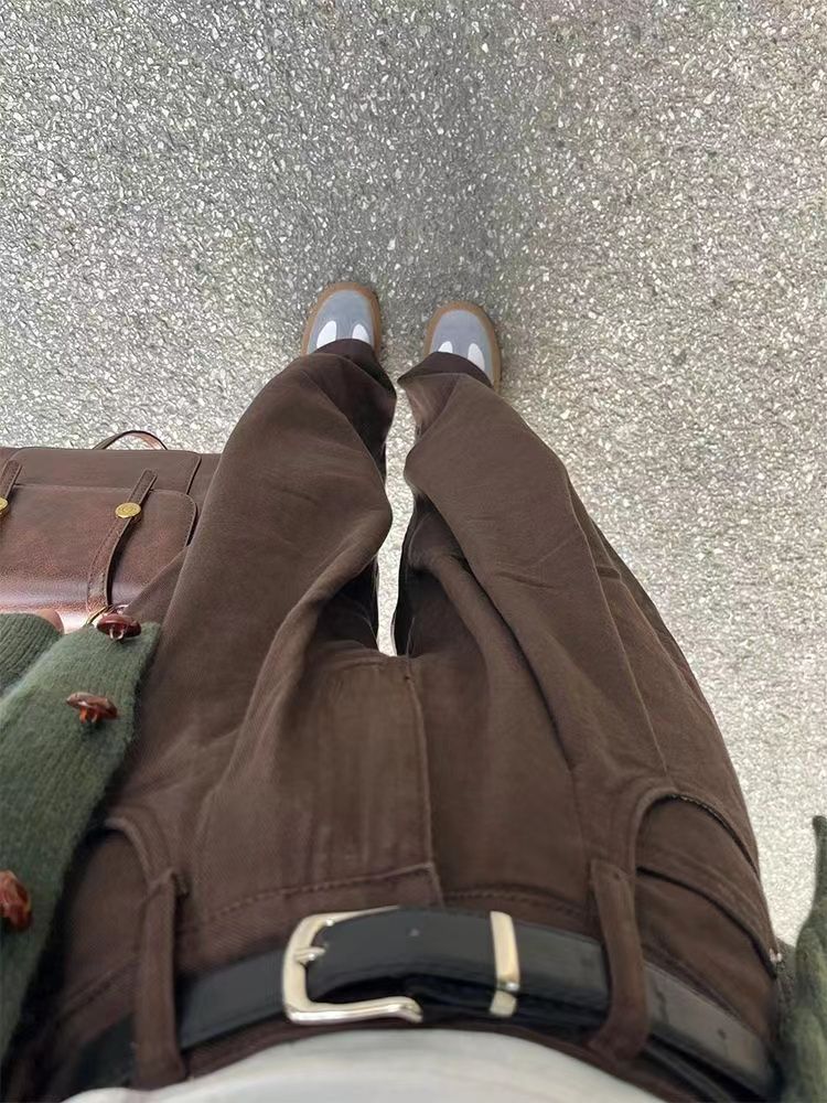 美拉德復古咖色闊腿牛仔褲女秋冬新款設計感褶皺高腰寬鬆直筒褲子