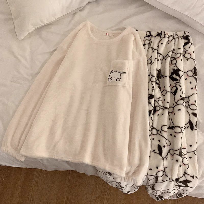 珊瑚絨睡衣女冬季長袖加絨加厚可愛家居服法蘭絨春秋款可外穿套裝