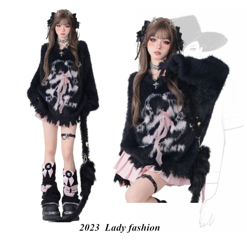 kellykitty破壞黑魔仙 黑色破壞感慵懶風蝴蝶毛衣秋冬新款上衣女