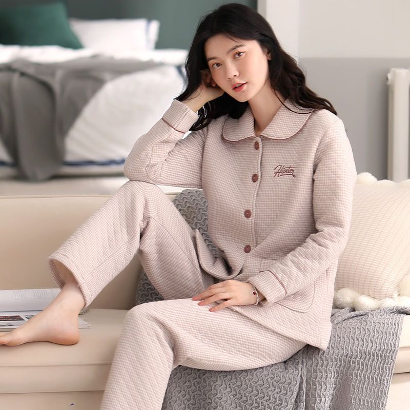 空氣棉睡衣女士春秋季加厚純棉長袖大碼家居服秋冬季夾層夾棉保暖
