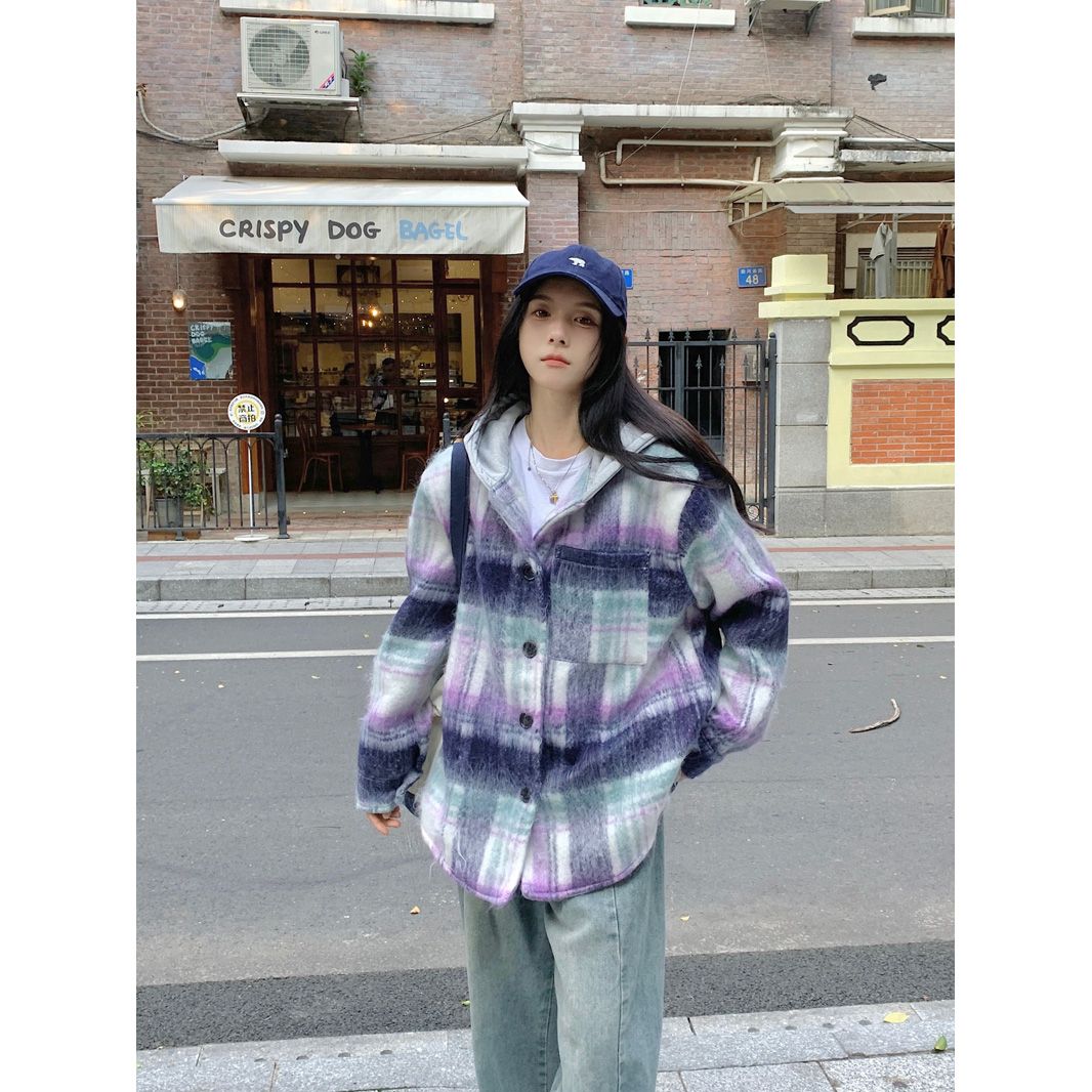 Design niche long woolen purple plaid coat for women 2023 autumn and winter couple loose street hooded jacket