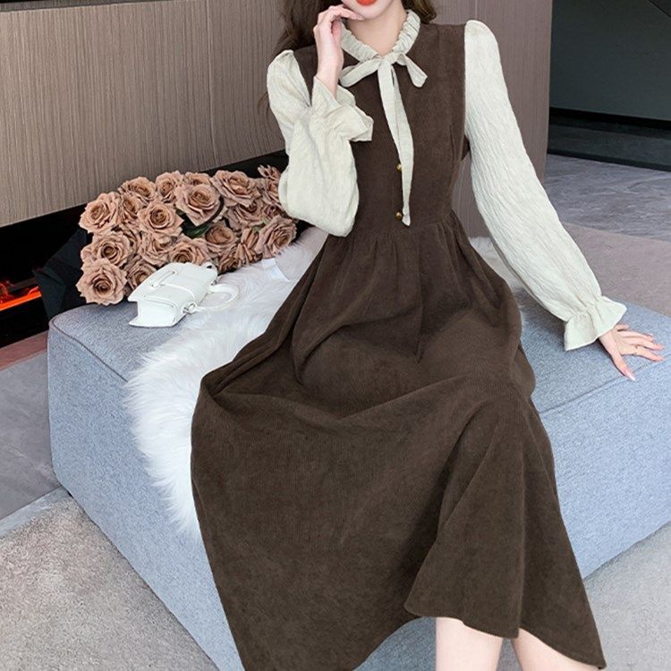 大碼秋季新款法式長袖連衣裙收腰顯瘦拼接設計感中長裙女裝裙子
