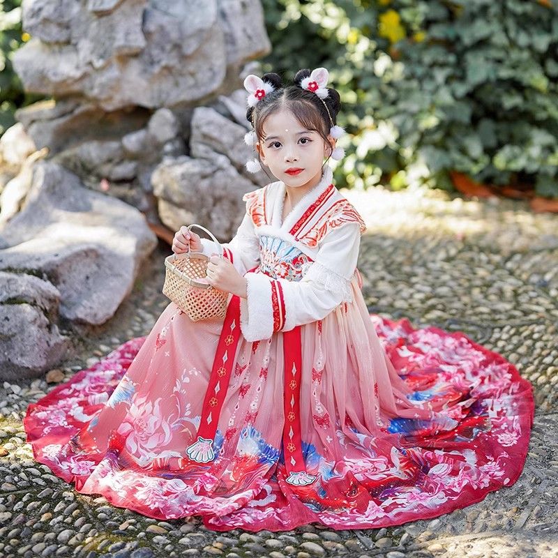 拜年服女童冬季2023新款唐裝新年過年服加絨冬款兒童古裝漢服冬天