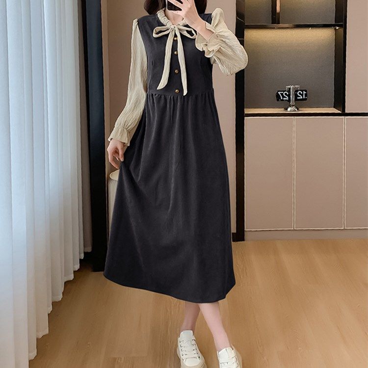 大碼胖mm氣質秋冬新款萬聖節服飾長袖連衣裙女打底內搭a字長裙子