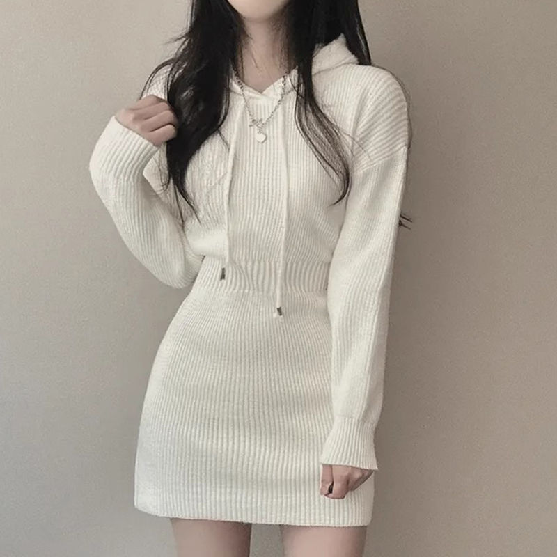 韩国chic秋季法式气质连帽设计修身显瘦加厚针织包臀长袖连衣裙女