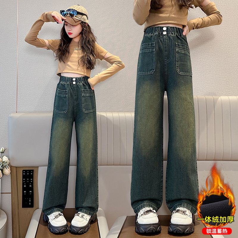 女童加絨褲子時尚秋冬2023新款加厚直筒大童外穿兒童一體絨牛仔褲