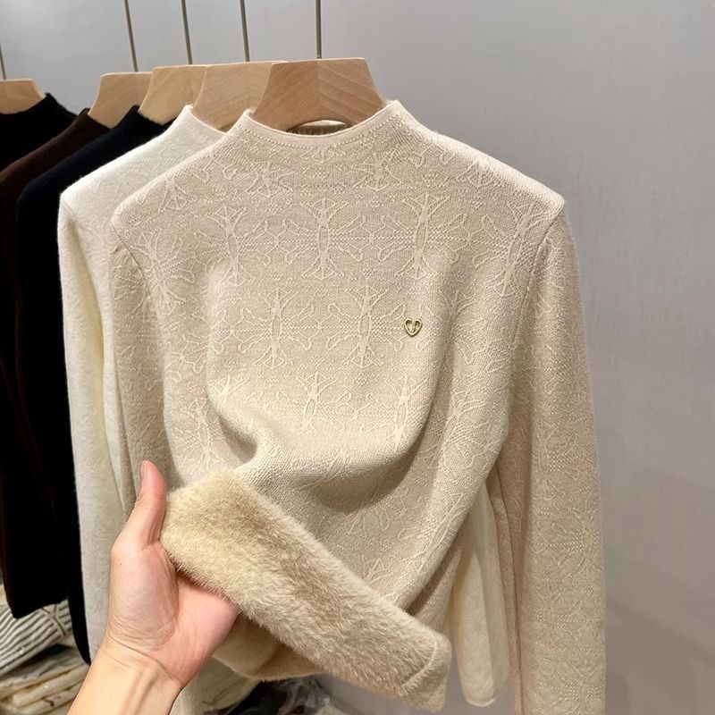 半高領加絨打底衫女秋冬內搭加厚一體絨毛衣內搭保暖上衣中領洋氣