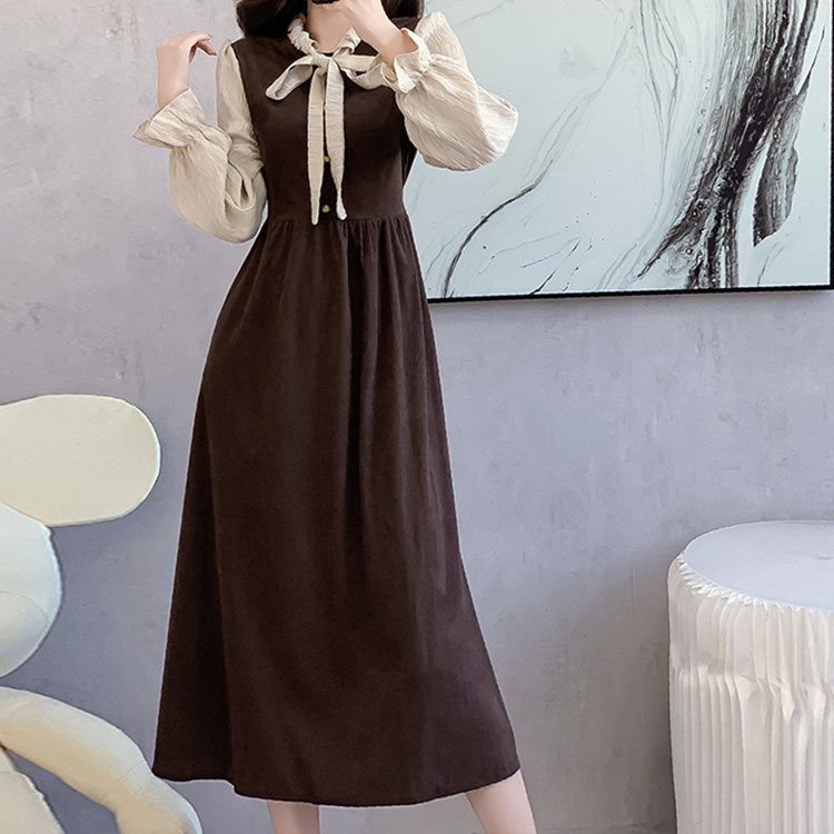 大碼女秋冬法式復古假兩件拼接系帶連衣裙收腰顯瘦長款燈芯絨裙子