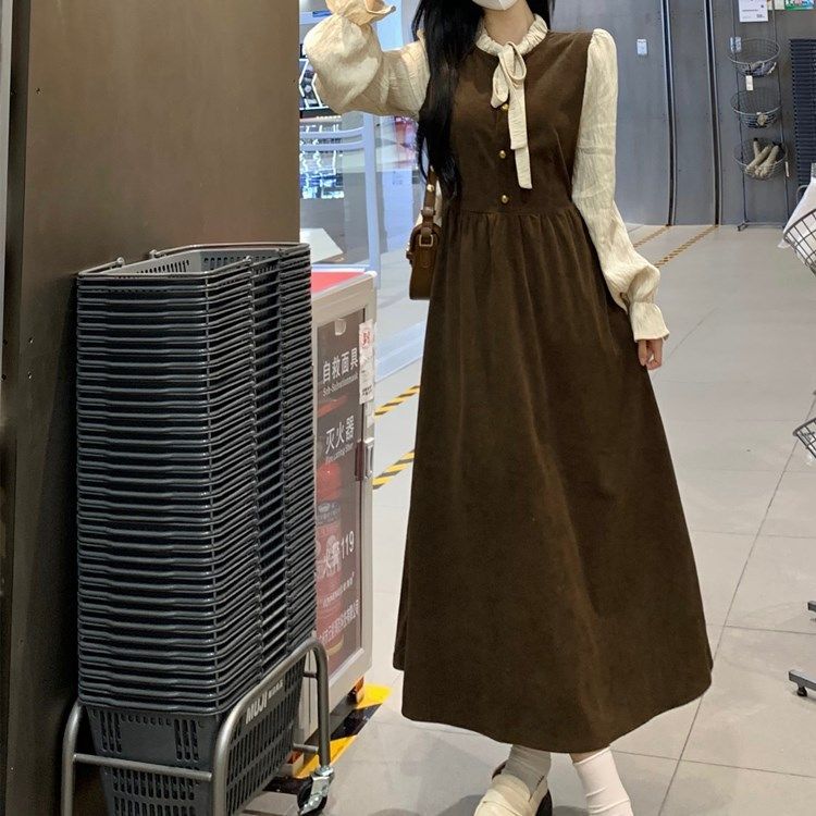 大碼秋韓版系帶圓領長袖連衣裙氣質撞色假兩件收腰潮搭顯瘦中長裙