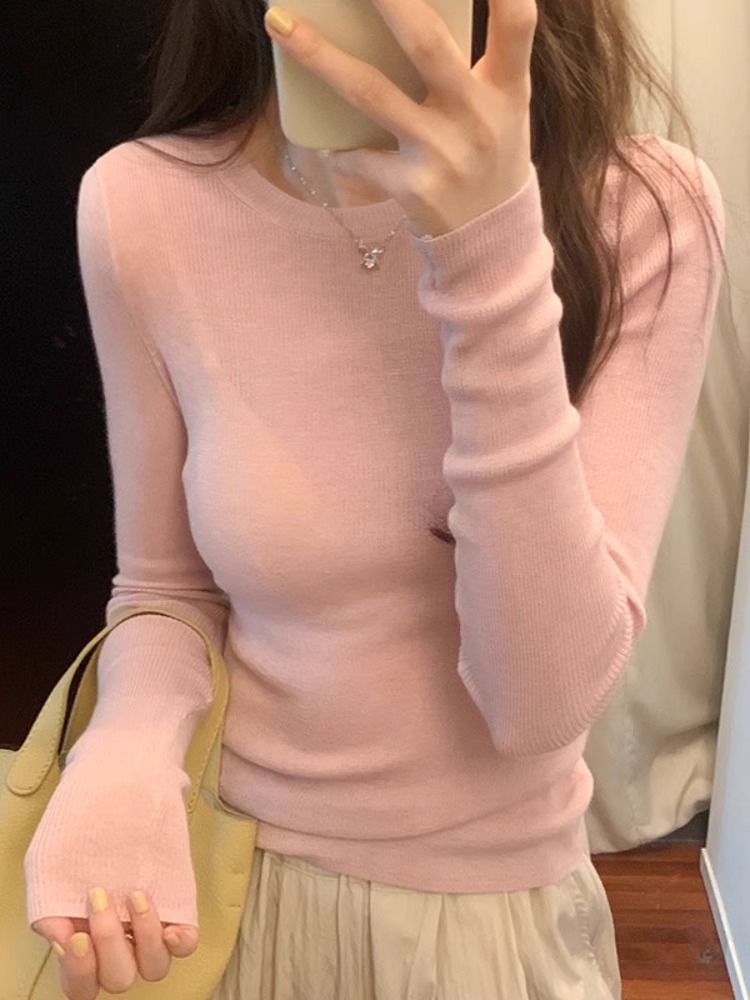 修身長袖針織衫女設計感小眾純色內搭打底衫秋冬新款顯瘦軟糯上衣