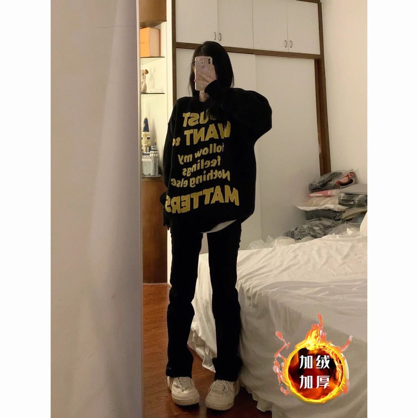 加絨加厚百搭新款秋冬季黑色牛仔褲女加長高腰顯瘦煙管窄版直筒褲