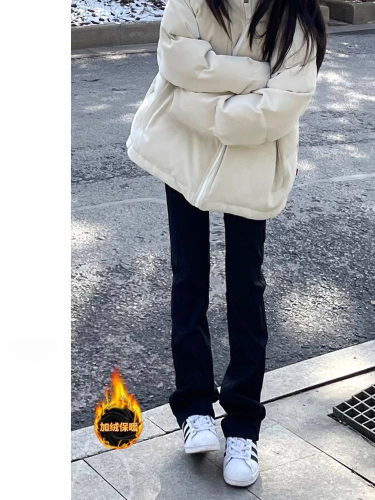 百搭加長黑色加絨窄版直筒牛仔褲女秋冬季高腰顯瘦寬鬆煙管長褲子